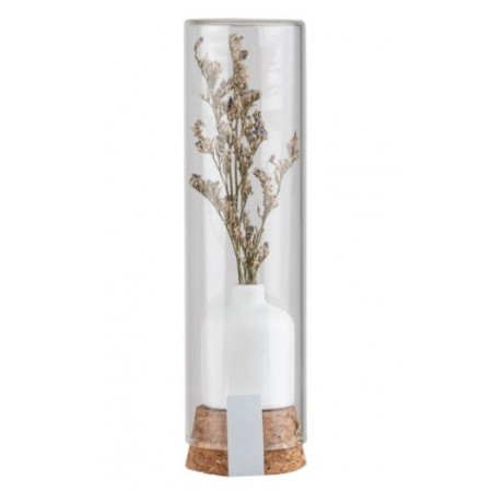 Etuis en verre avec petit vase et fleurs séchées